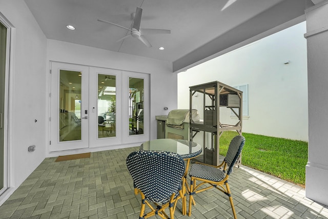 13496 Bernoulli Way, Palm Beach Gardens, FL 33418 - view of patio / terrace with french doors, a ceiling fan, and a grill