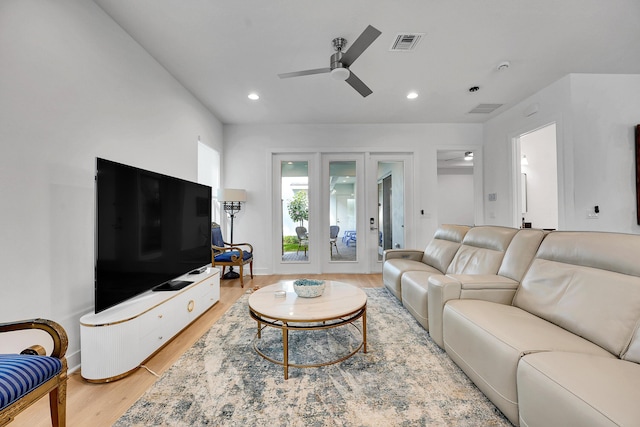 13496 Bernoulli Way, Palm Beach Gardens, FL 33418 - living area featuring ceiling fan, light wood-style floors, recessed lighting, and french doors