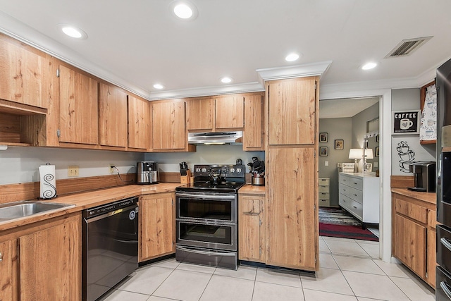 11063 Oakdale Rd, Boynton Beach, FL 33437 - kitchen featuring dishwasher, range with two ovens, under cabinet range hood, light tile patterned floors, and recessed lighting