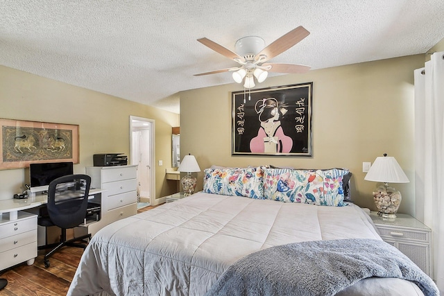 11063 Oakdale Rd, Boynton Beach, FL 33437 - bedroom with dark wood-type flooring, an office area, a textured ceiling, and a ceiling fan