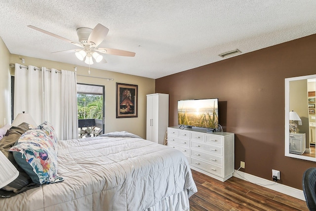 11063 Oakdale Rd, Boynton Beach, FL 33437 - bedroom with dark wood-style flooring, a textured ceiling, a ceiling fan, and access to outside