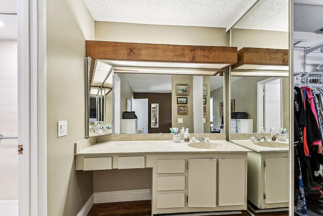 11063 Oakdale Rd, Boynton Beach, FL 33437 - bathroom with vanity, a walk in closet, wood finished floors, and a textured ceiling