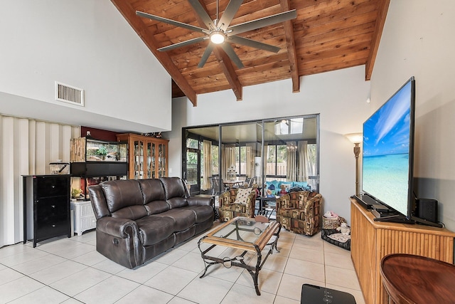 11063 Oakdale Rd, Boynton Beach, FL 33437 - living room with light tile patterned floors, a ceiling fan, high vaulted ceiling, and a wooden ceiling with exposed beams