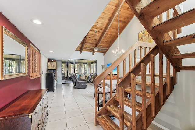 11063 Oakdale Rd, Boynton Beach, FL 33437 - stairs featuring a chandelier, wooden ceiling, and tile patterned flooring