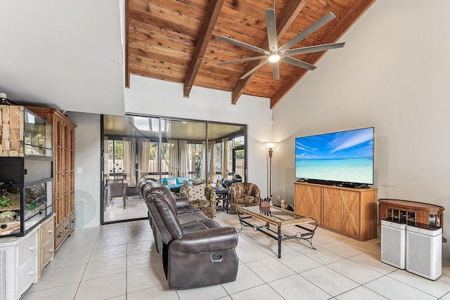 11063 Oakdale Rd, Boynton Beach, FL 33437 - living room featuring light tile patterned floors, a wood ceiling with exposed beams, a ceiling fan, and high vaulted ceiling