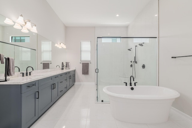 3153 SW Pond Apple St, Palm City, FL 34990 - bathroom featuring double vanity, a soaking tub, a shower stall, and tile patterned flooring