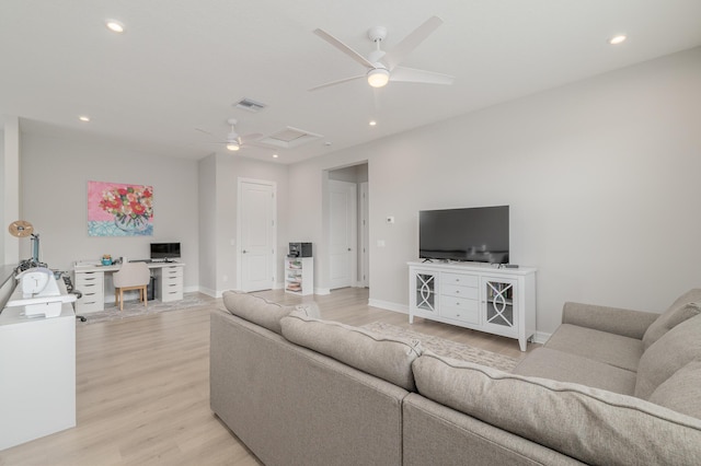 3153 SW Pond Apple St, Palm City, FL 34990 - living room with ceiling fan, light wood finished floors, recessed lighting, attic access, and a desk