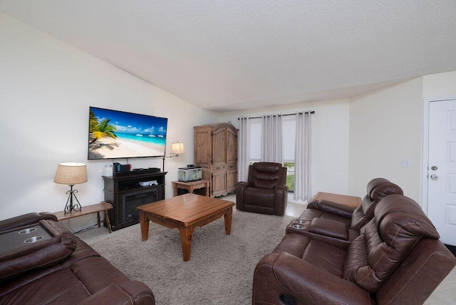 1967 SW Ember St, Port Saint Lucie, FL 34953 - carpeted living area featuring lofted ceiling and a textured ceiling