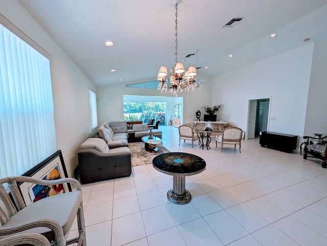 11857 Fountainside Cir, Boynton Beach, FL 33437 - tiled living room featuring vaulted ceiling, a chandelier, and recessed lighting