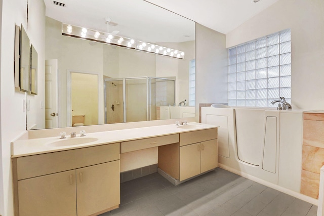 11857 Fountainside Cir, Boynton Beach, FL 33437 - full bathroom with a shower stall, double vanity, and a bath