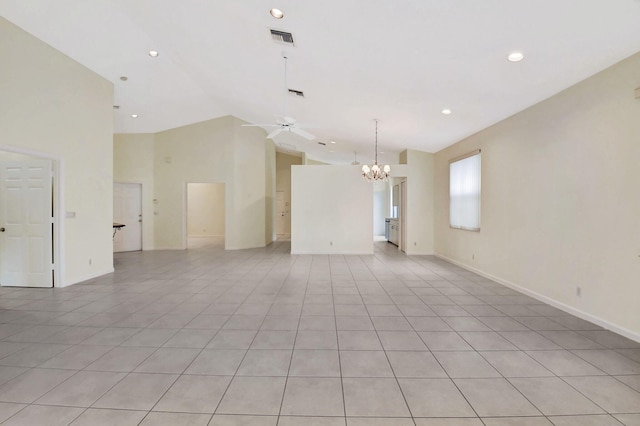 11857 Fountainside Cir, Boynton Beach, FL 33437 - unfurnished living room with a chandelier, ceiling fan, recessed lighting, high vaulted ceiling, and light tile patterned flooring