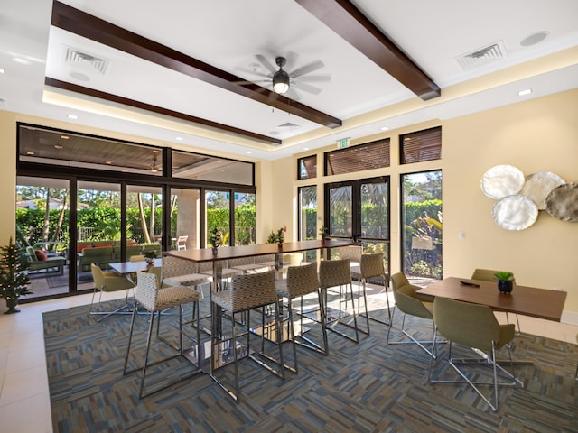 13058 Artisan Cir, Palm Beach Gardens, FL 33418 - dining space with plenty of natural light, beam ceiling, recessed lighting, and ceiling fan