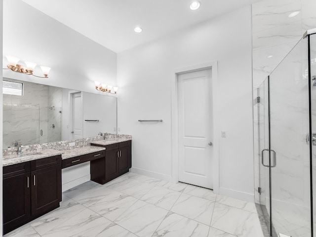 13058 Artisan Cir, Palm Beach Gardens, FL 33418 - full bathroom featuring two vanities, a marble finish shower, marble finish floors, and recessed lighting