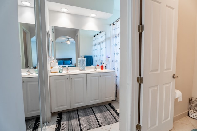161 Lake Monterey Cir, Boynton Beach, FL 33426 - bathroom with a ceiling fan, double vanity, tile patterned flooring, and recessed lighting