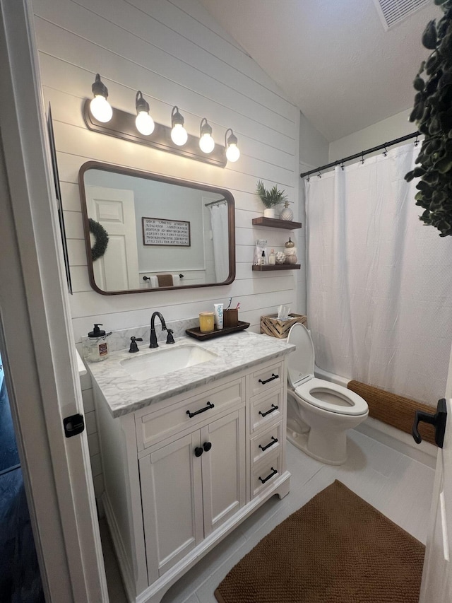 2457 SE Shipping Rd, Port Saint Lucie, FL 34952 - bathroom with lofted ceiling, vanity, tile patterned flooring, wood walls, and a shower with curtain