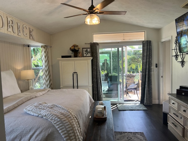 2457 SE Shipping Rd, Port Saint Lucie, FL 34952 - bedroom featuring lofted ceiling, access to exterior, dark wood-type flooring, and a ceiling fan