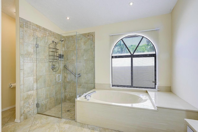 2282 NE Marlberry Ln, Jensen Beach, FL 34957 - bathroom with a bath, a shower stall, recessed lighting, and vaulted ceiling
