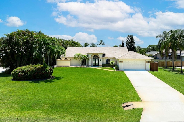 2282 NE Marlberry Ln, Jensen Beach, FL 34957 - ranch-style house featuring an attached garage, concrete driveway, french doors, and stucco siding