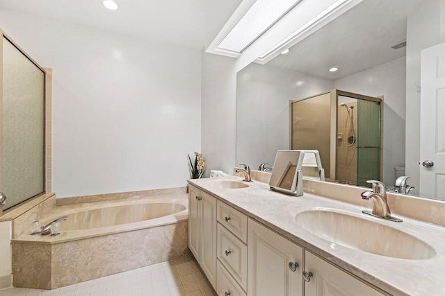 767 Windermere Way Unit 767, Palm Beach Gardens, FL 33418 - bathroom featuring a bath, double vanity, a stall shower, and tile patterned flooring