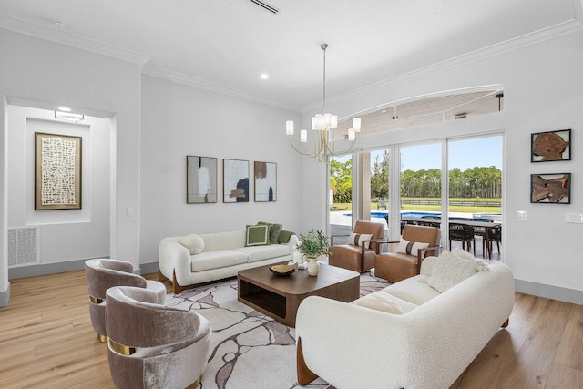 11533 Manatee Ter Unit 11533, Lake Worth, FL 33449 - living room with crown molding, light wood-style flooring, a chandelier, and recessed lighting