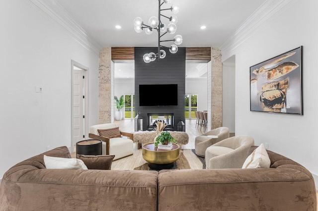 11533 Manatee Ter Unit 11533, Lake Worth, FL 33449 - living area featuring ornamental molding, a large fireplace, and a chandelier