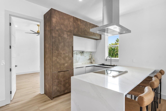 11533 Manatee Ter Unit 11533, Lake Worth, FL 33449 - kitchen with range hood, light wood finished floors, ceiling fan, a peninsula, and modern cabinets