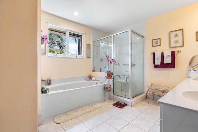 5404 E Pointe Villa Dr Unit 5406, Lighthouse Point, FL 33064 - bathroom with a bath, a shower stall, vanity, tile patterned flooring, and recessed lighting