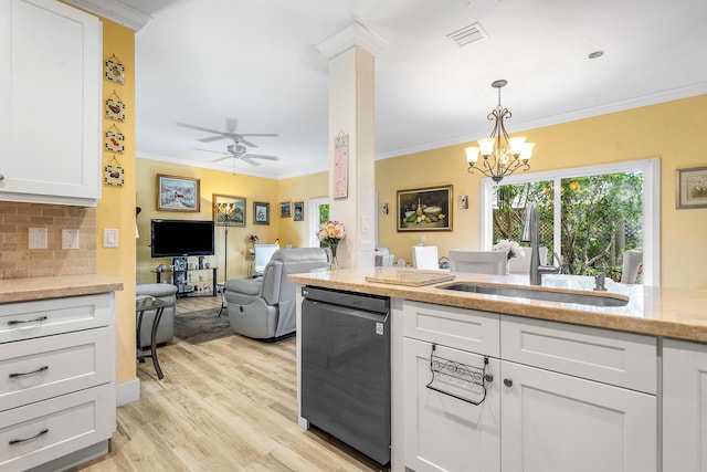 5404 E Pointe Villa Dr Unit 5406, Lighthouse Point, FL 33064 - kitchen featuring stainless steel dishwasher, light wood finished floors, backsplash, crown molding, and a chandelier