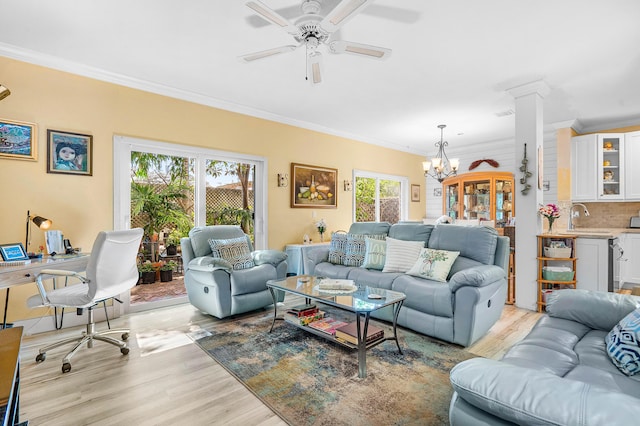 5404 E Pointe Villa Dr Unit 5406, Lighthouse Point, FL 33064 - living room featuring light wood-style floors, crown molding, a chandelier, and ceiling fan