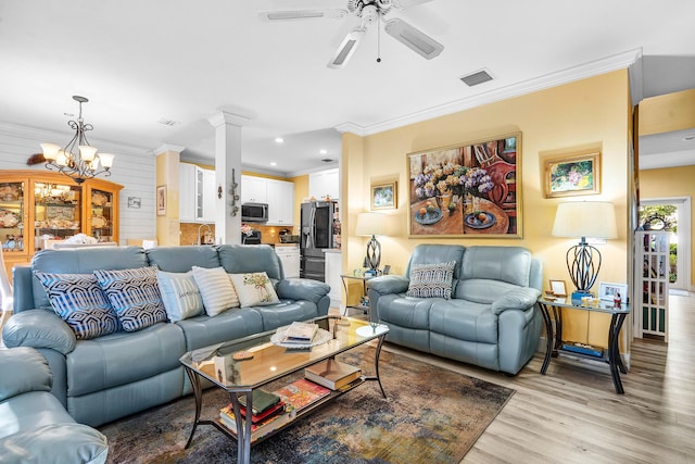 5404 E Pointe Villa Dr Unit 5406, Lighthouse Point, FL 33064 - living room with ornamental molding, a ceiling fan, ornate columns, light wood-type flooring, and recessed lighting