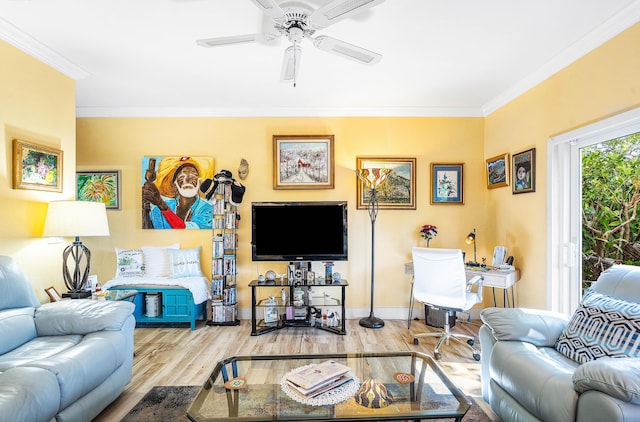 5404 E Pointe Villa Dr Unit 5406, Lighthouse Point, FL 33064 - living room with a ceiling fan, ornamental molding, and wood finished floors