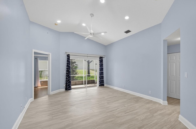 8182 Duomo Cir, Boynton Beach, FL 33472 - unfurnished room with a ceiling fan, light wood-style floors, high vaulted ceiling, and recessed lighting