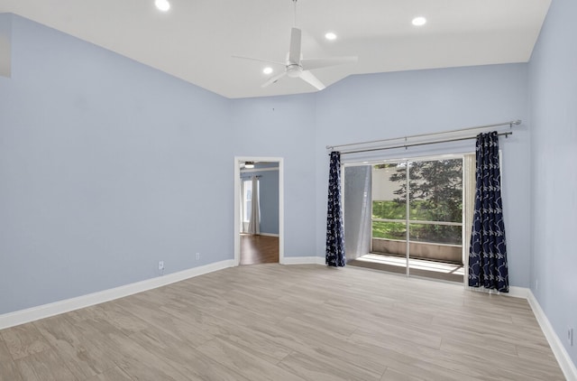 8182 Duomo Cir, Boynton Beach, FL 33472 - empty room featuring ceiling fan, light wood-style floors, recessed lighting, and high vaulted ceiling