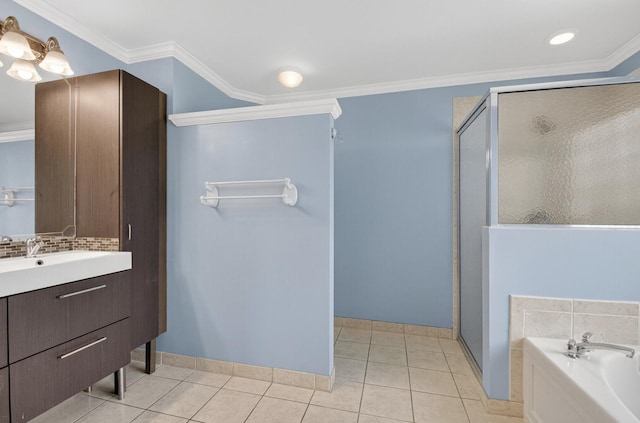 8182 Duomo Cir, Boynton Beach, FL 33472 - full bathroom with a stall shower, vanity, a bath, ornamental molding, and tile patterned flooring
