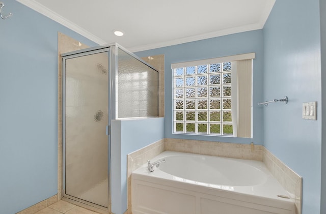 8182 Duomo Cir, Boynton Beach, FL 33472 - full bath with a bath, a stall shower, ornamental molding, and tile patterned floors