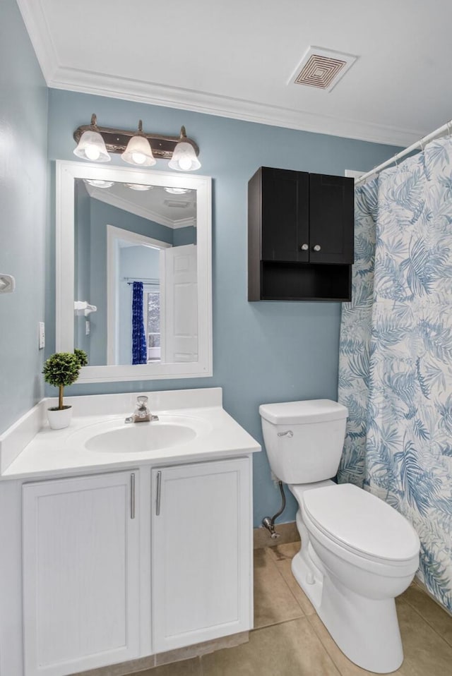 8182 Duomo Cir, Boynton Beach, FL 33472 - bathroom featuring tile patterned flooring, vanity, crown molding, and curtained shower