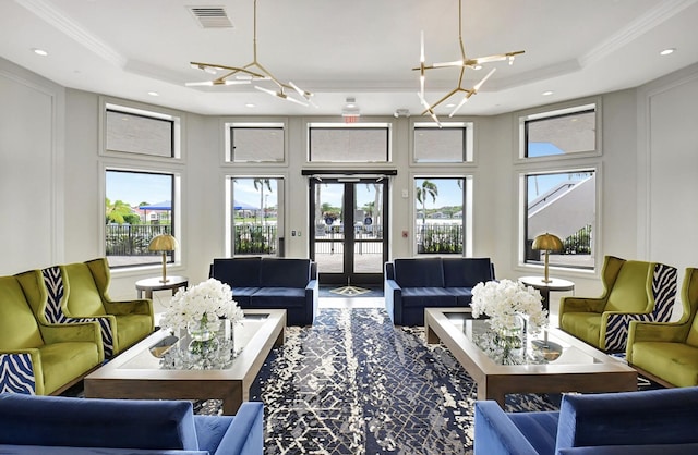 8182 Duomo Cir, Boynton Beach, FL 33472 - living area with crown molding, a towering ceiling, recessed lighting, a chandelier, and a raised ceiling