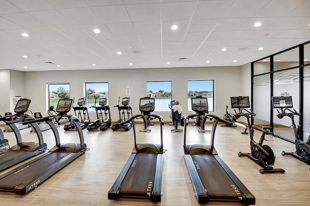 8182 Duomo Cir, Boynton Beach, FL 33472 - workout area with wood finished floors and recessed lighting
