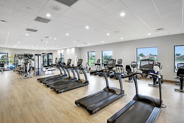 8182 Duomo Cir, Boynton Beach, FL 33472 - gym featuring light wood-style floors, a paneled ceiling, and recessed lighting