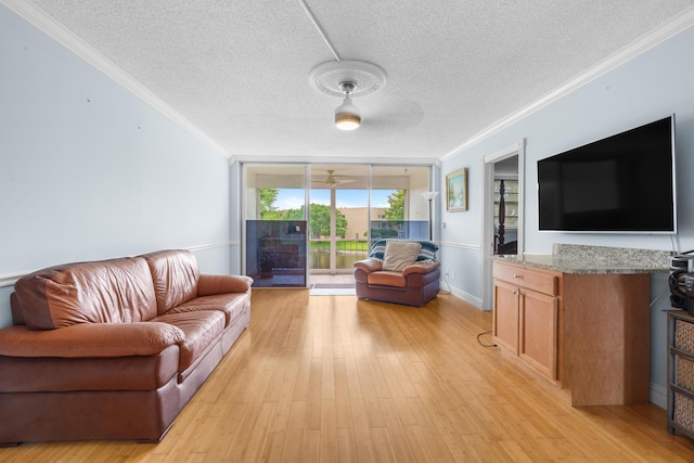 5961 NW 61st Ave Unit 203, Tamarac, FL 33319 - living room with ornamental molding, a textured ceiling, and light wood-type flooring