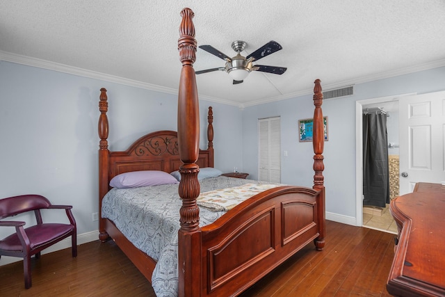 5961 NW 61st Ave Unit 203, Tamarac, FL 33319 - bedroom with dark wood-style flooring, a closet, crown molding, a ceiling fan, and a textured ceiling
