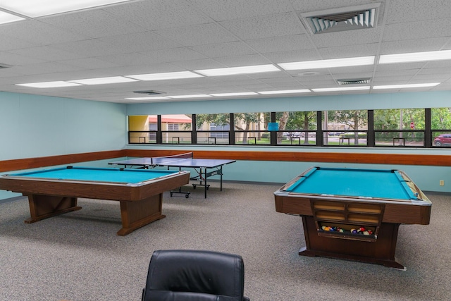 5961 NW 61st Ave Unit 203, Tamarac, FL 33319 - rec room with pool table, healthy amount of natural light, a drop ceiling, and carpet flooring