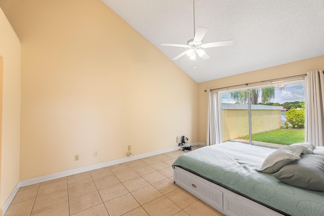 2322 SW Olympic Club Ter, Palm City, FL 34990 - bedroom featuring access to outside, light tile patterned flooring, high vaulted ceiling, and ceiling fan