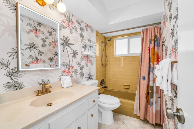 29 SE 8th Ave, Deerfield Beach, FL 33441 - full bathroom featuring vanity, shower / tub combo, tile patterned floors, and wallpapered walls