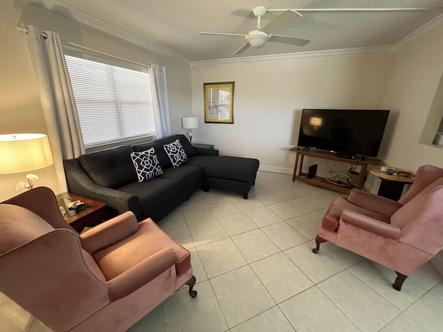 291 Saxony Unit G, Delray Beach, FL 33446 - living area featuring ornamental molding, a ceiling fan, and light tile patterned flooring