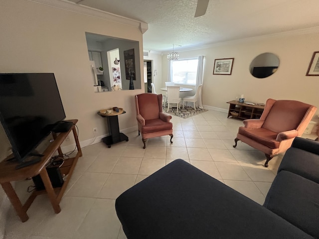 291 Saxony Unit G, Delray Beach, FL 33446 - living area with crown molding, ceiling fan, light tile patterned floors, a chandelier, and a textured ceiling