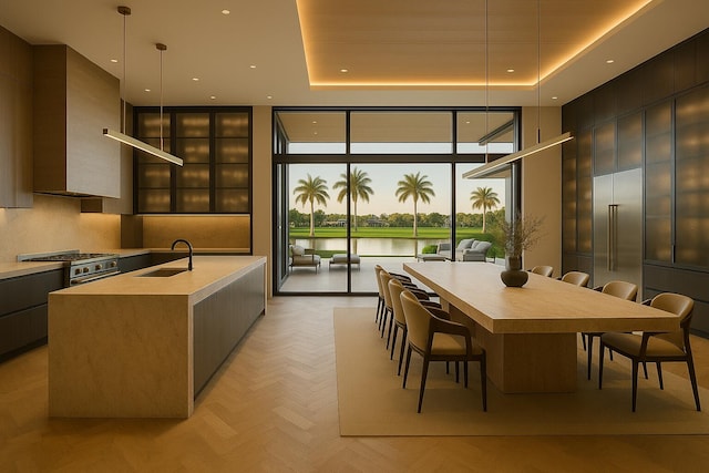 3643 Princeton Pl, Boca Raton, FL 33496 - kitchen with modern cabinets, floor to ceiling windows, stainless steel range, light countertops, and a center island with sink