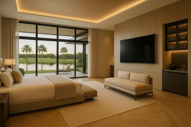 3643 Princeton Pl, Boca Raton, FL 33496 - bedroom featuring floor to ceiling windows, access to outside, a tray ceiling, and recessed lighting