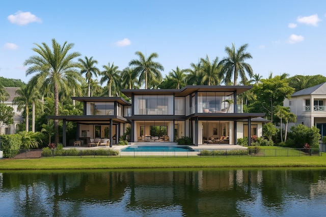 3643 Princeton Pl, Boca Raton, FL 33496 - rear view of house featuring a balcony, a fenced backyard, a patio area, an outdoor pool, and a water view
