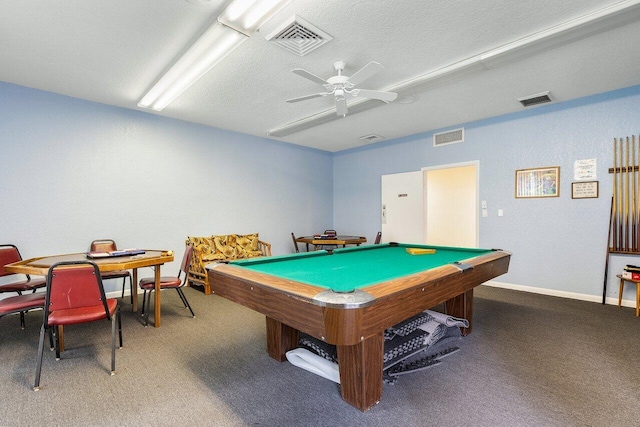 14721 Bonaire Blvd Unit 101, Delray Beach, FL 33446 - playroom featuring carpet floors, a ceiling fan, billiards, and a textured ceiling